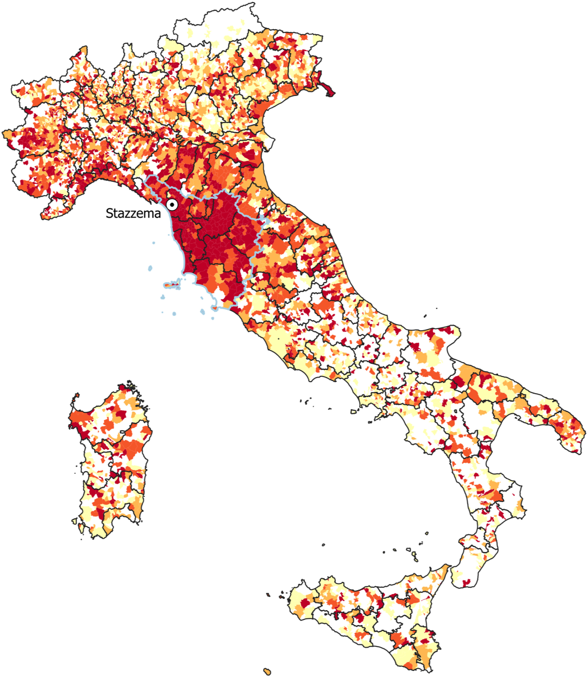 Map of italy with the city of Stazzema on the Northwest coast marked. The map is color coded and Stazzema surrounded by dark red