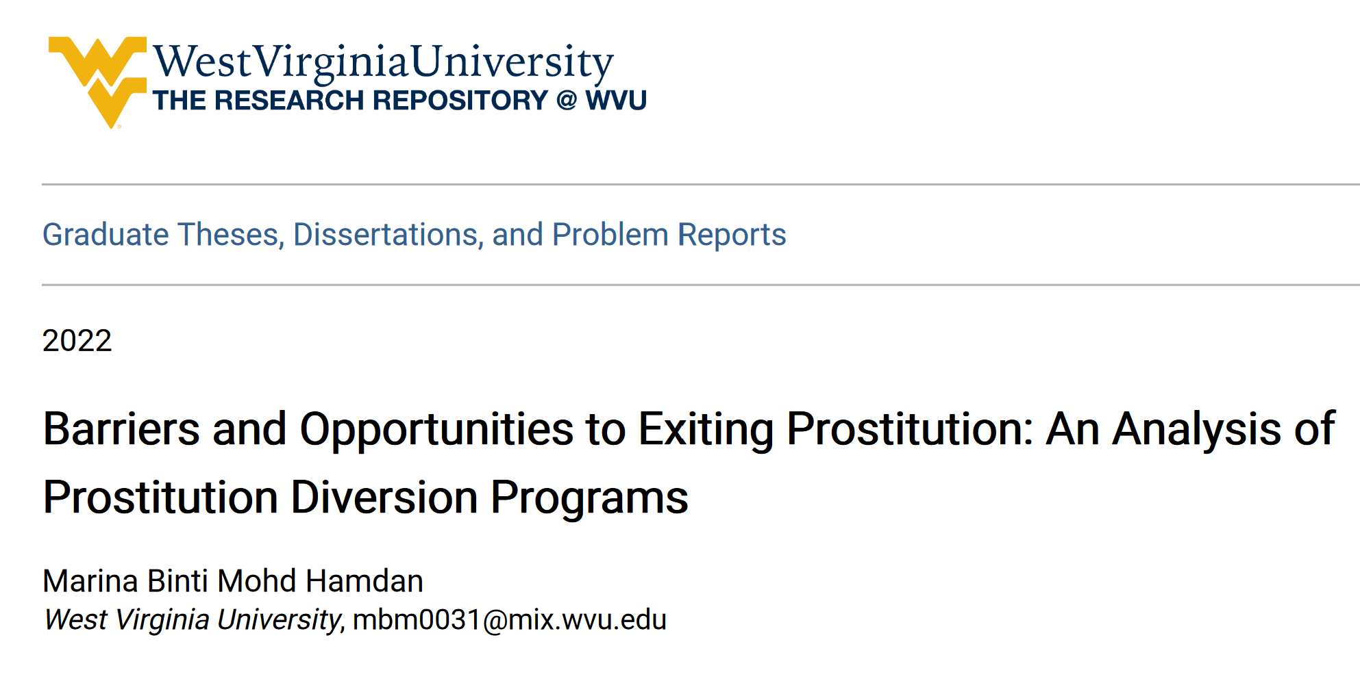 Title page of Marina Mohd Hamdan's dissertation 'Barriers and Opportunities to Exiting Prostitution: An Analysis of Prostitution Diversion Programs'
