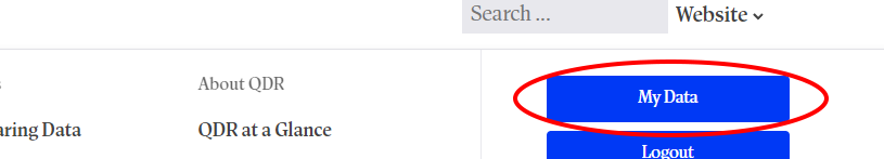 The drop-down menu on the QDR homepage with "My Data" circled in red