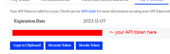 An example of the ATI token screen with the token censored. Text on the image reads "your API token here" with an arrow pointing to the censored token.