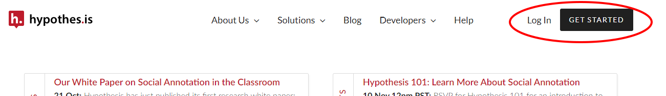 The header of the Hypothes.is main page with the "Log in" and "Get Started" buttons circled in red