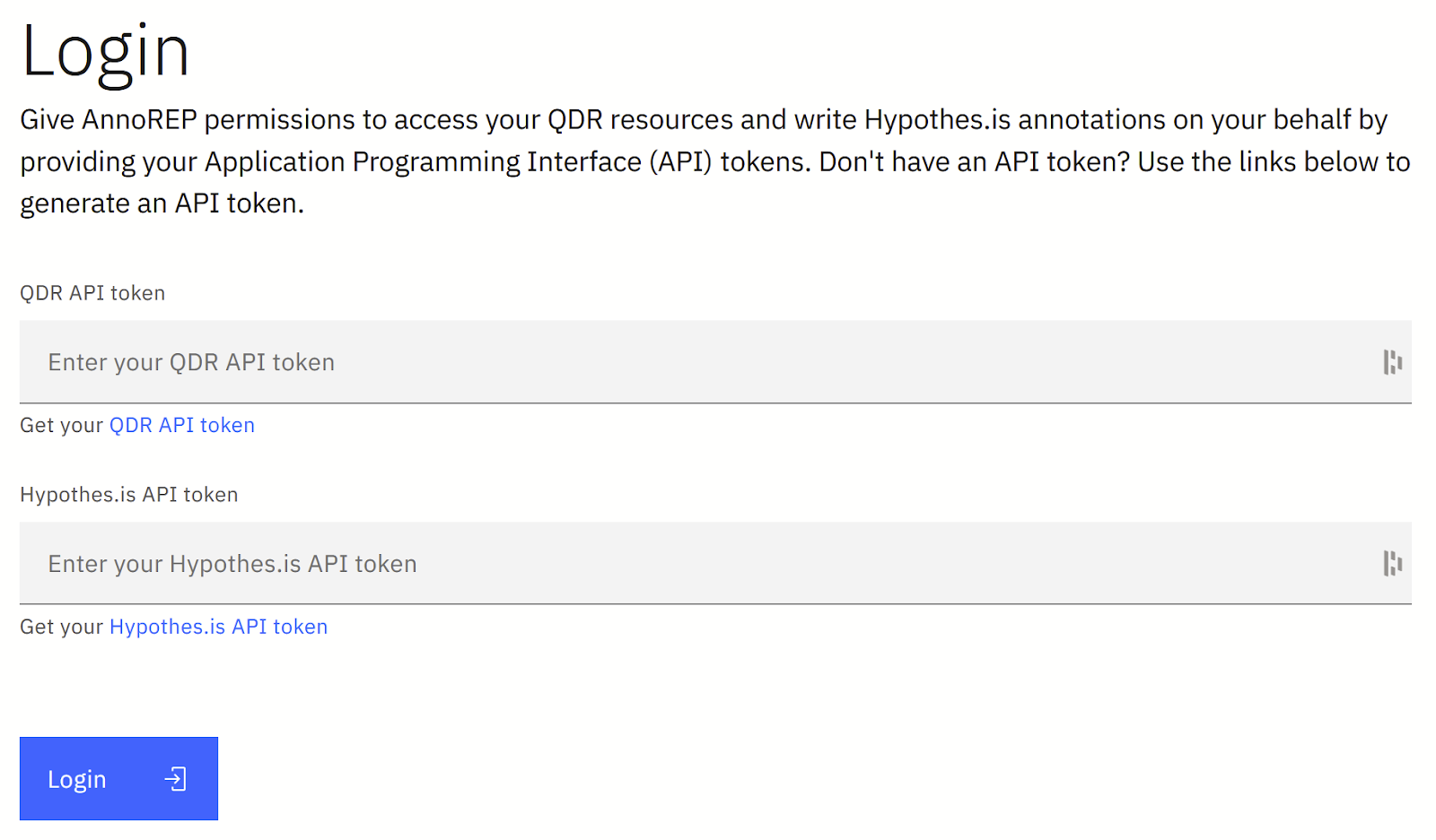 The Anno-REP login screen, which has a box for entering one's QDR API token, a box for entering one's Hypothes.is token, and a submit button
