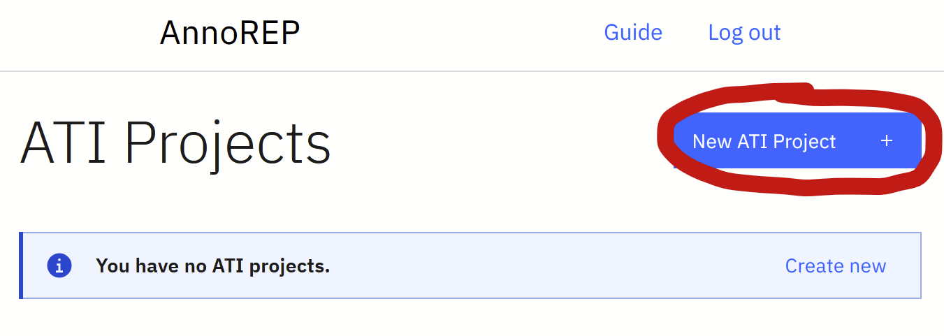 Anno-REP's "ATI Projects" screen, with the "New ATI Project" button circled in red