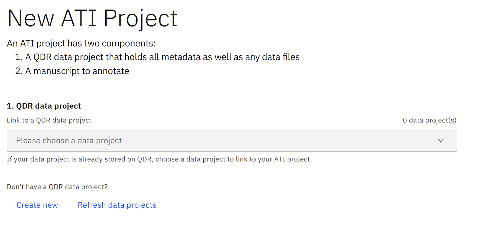 The drop-down menu allowing one to link their ATI project to a QDR data project