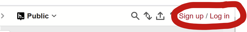 The top of the Hypothes.is sidebar, with "Sign up / Log in" circled in red