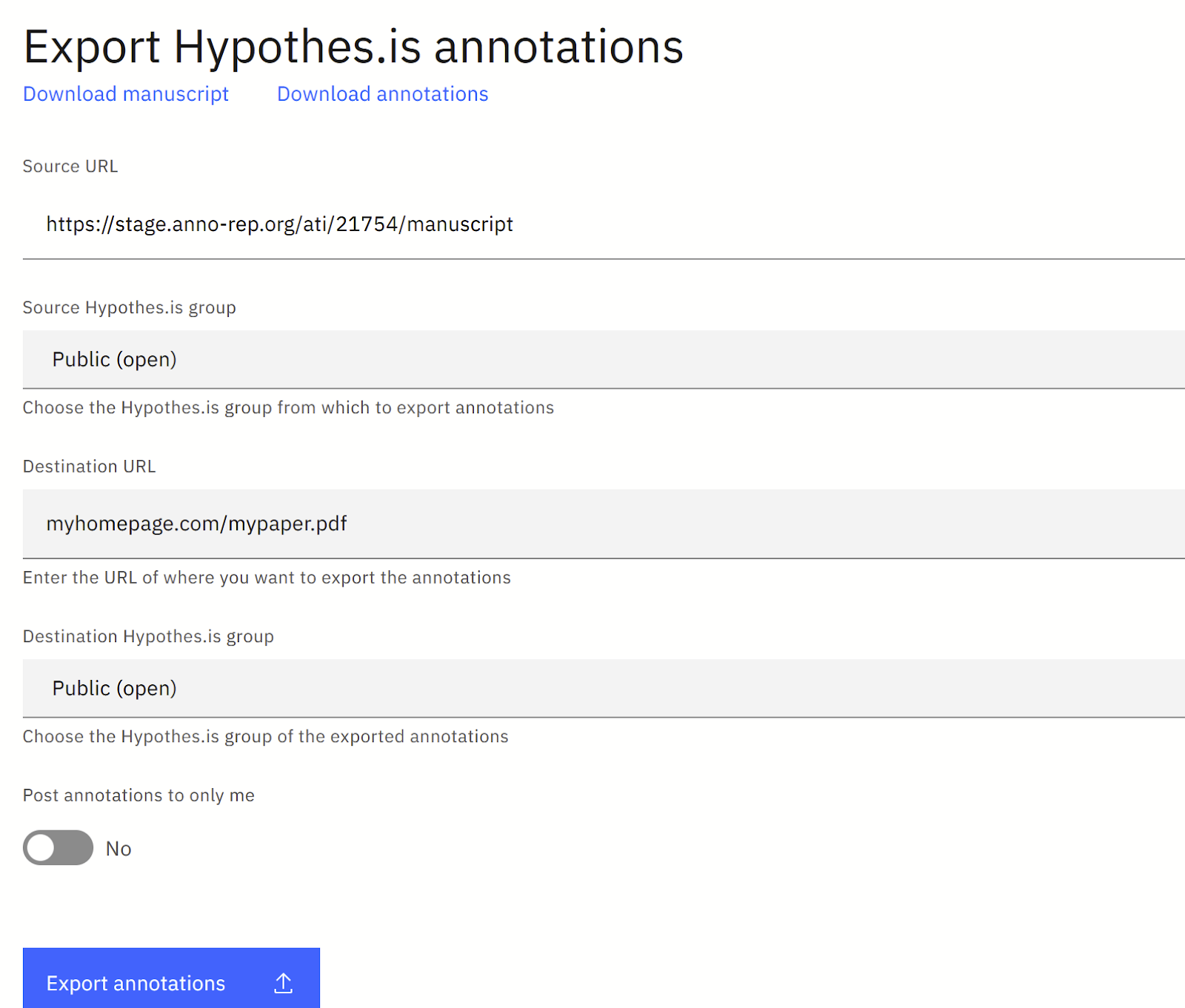 The "Export Hypothes.is annotations" screen showing options for sources and destinations