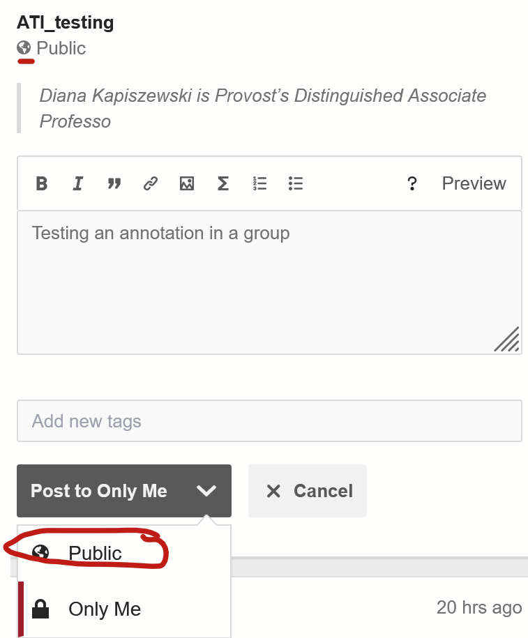 The posting dropdown menu within Hypothes.is with "Public" circled in red