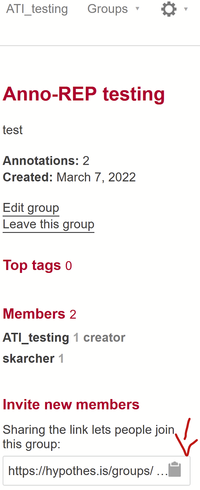 The full group menu within Hypothes.is, with a red arrow pointing towards the group URL link copy button