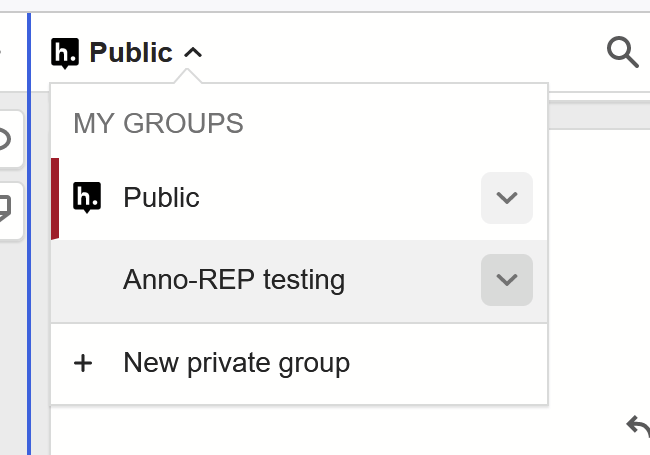 The drop-down group selector within the Hypothes.is sidebar, with the new group available for selection