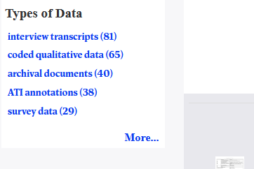 Facet with "Types of Data": interview transcripts, coded qualitative data, archival documents, ATI annotations, survey data, and a "More" button